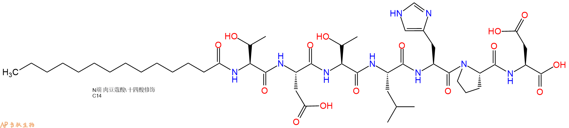 专肽生物产品Myristicacid-Thr-Asp-Thr-Leu-His-Pro-Asp-OH