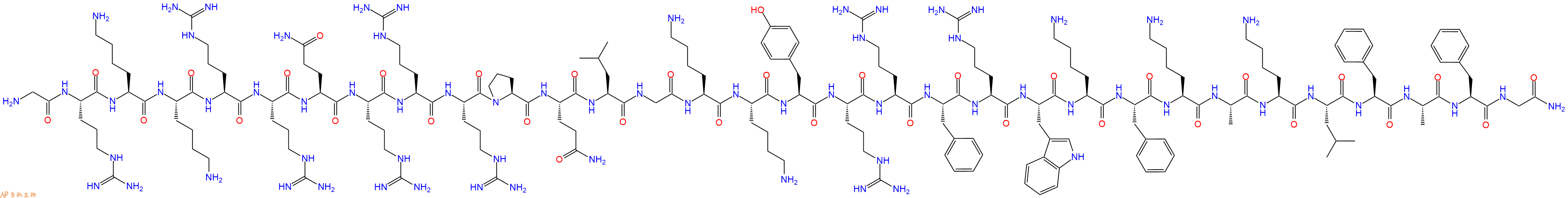 专肽生物产品H2N-Gly-Arg-Lys-Lys-Arg-Arg-Gln-Arg-Arg-Arg-Pro-Gln-Leu-Gly-Lys-Lys-Tyr-Arg-Arg-Phe-Arg-Trp-Lys-Phe-Lys-Ala-Lys-Leu-Phe-Ala-Phe-Gly-CONH2