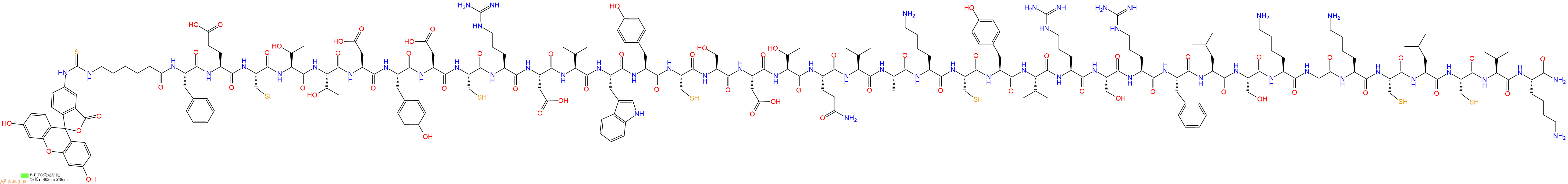 专肽生物产品5FITC-Ahx-Phe-Glu-Cys-Thr-Thr-Asp-Tyr-Asp-Cys-Arg-Asp-Val-Trp-Tyr-Cys-Ser-Asp-Thr-Gln-Val-Ala-Lys-Cys-Tyr-Val-Arg-Ser-Arg-Phe-Leu-Ser-Lys-Gly-Lys-Cys-Leu-Cys-Val-Lys-CONH2