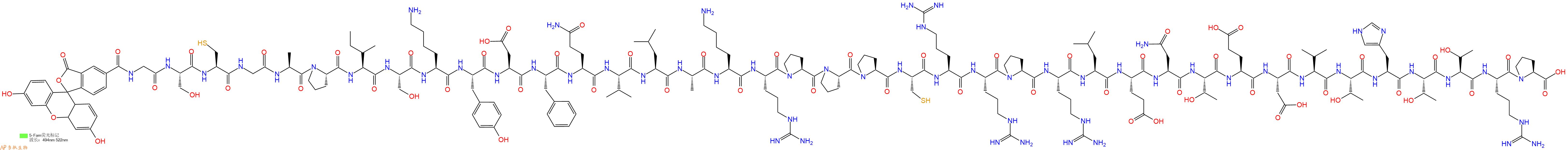 专肽生物产品5FAM-Gly-Ser-Cys-Gly-Ala-Pro-Ile-Ser-Lys-Tyr-Asp-Phe-Gln-Val-Leu-Ala-Lys-Arg-Pro-Pro-Pro-Cys-Arg-Arg-Pro-Arg-Leu-Glu-Asn-Thr-Glu-Asp-Val-Thr-His-Thr-Thr-Arg-Pro-OH