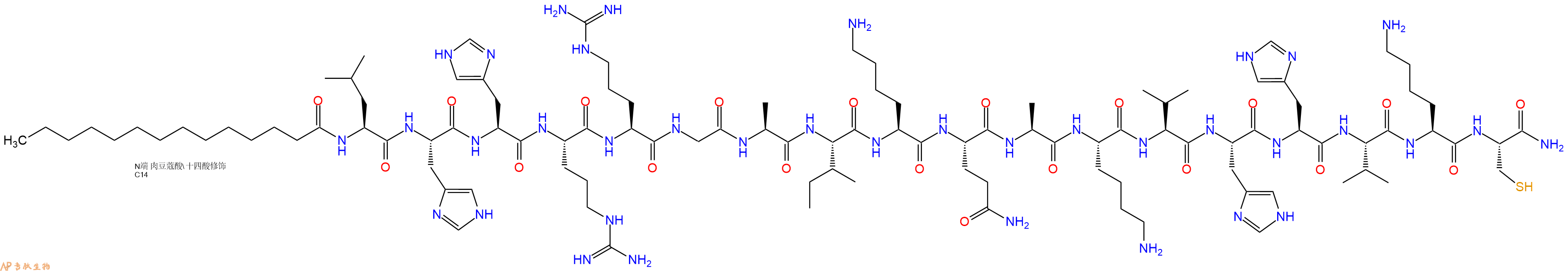 专肽生物产品Myristicacid-Leu-His-His-Arg-Arg-Gly-Ala-Ile-Lys-Gln-Ala-Lys-Val-His-His-Val-Lys-Cys-CONH2