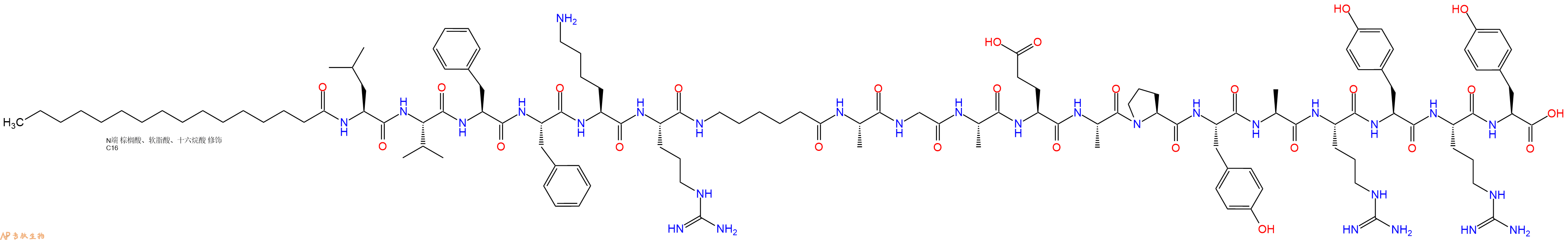 专肽生物产品Palmiticacid-Leu-Val-Phe-Phe-Lys-Arg-Ahx-Ala-Gly-Ala-Glu-Ala-Pro-Tyr-Ala-Arg-Tyr-Arg-Tyr-OH