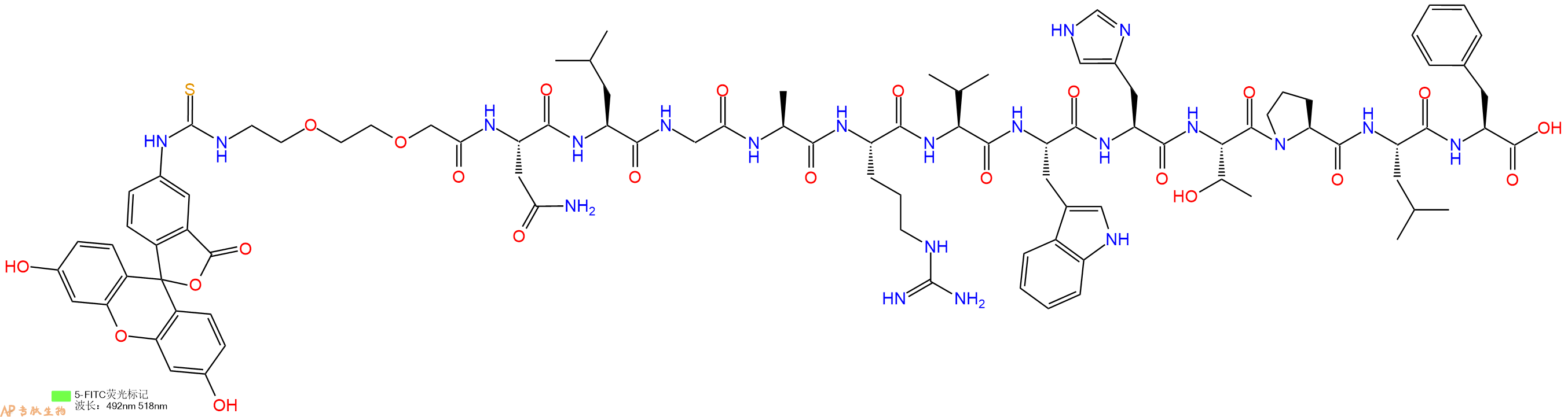 专肽生物产品5FITC-AEEA-Asn-Leu-Gly-Ala-Arg-Val-Trp-His-Thr-Pro-Leu-Phe-OH
