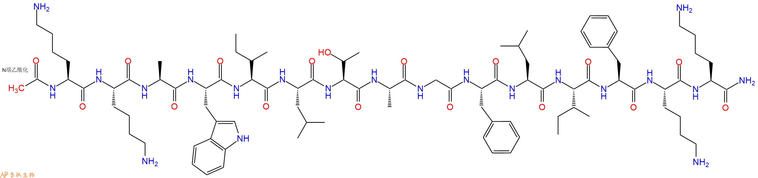 专肽生物产品Ac-Lys-Lys-Ala-Trp-Ile-Leu-Thr-Ala-Gly-Phe-Leu-Ile-Phe-Lys-Lys-CONH2