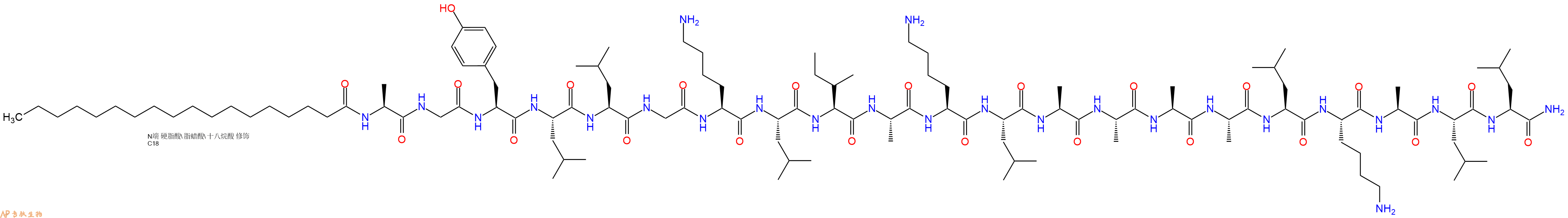 专肽生物产品Stearoyl-Ala-Gly-Tyr-Leu-Leu-Gly-Lys-Leu-Ile-Ala-Lys-Leu-Ala-Ala-Ala-Ala-Leu-Lys-Ala-Leu-Leu-CONH2