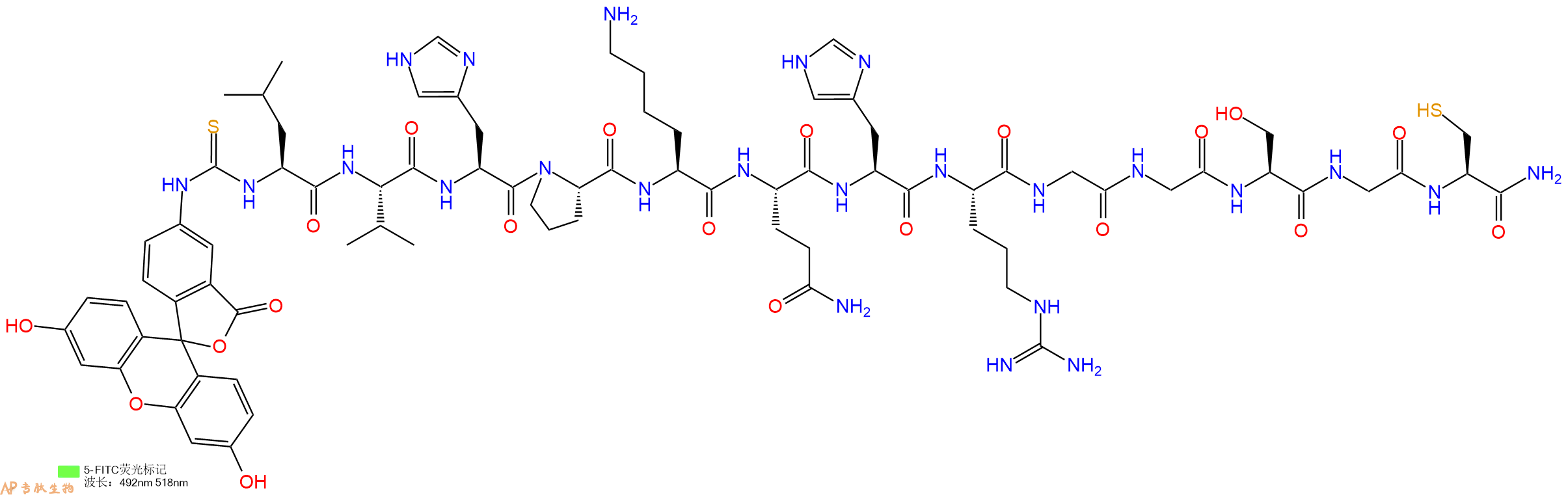 专肽生物产品5FITC-Leu-Val-His-Pro-Lys-Gln-His-Arg-Gly-Gly-Ser-Gly-Cys-CONH2