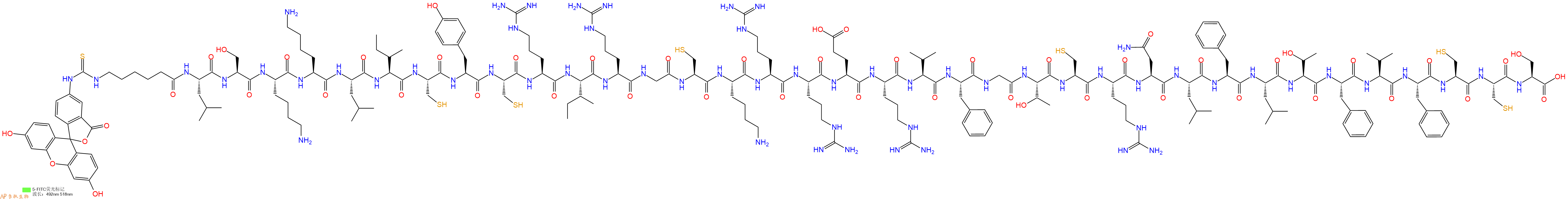 专肽生物产品5FITC-Ahx-Leu-Ser-Lys-Lys-Leu-Ile-Cys-Tyr-Cys-Arg-Ile-Arg-Gly-Cys-Lys-Arg-Arg-Glu-Arg-Val-Phe-Gly-Thr-Cys-Arg-Asn-Leu-Phe-Leu-Thr-Phe-Val-Phe-Cys-Cys-Ser-OH