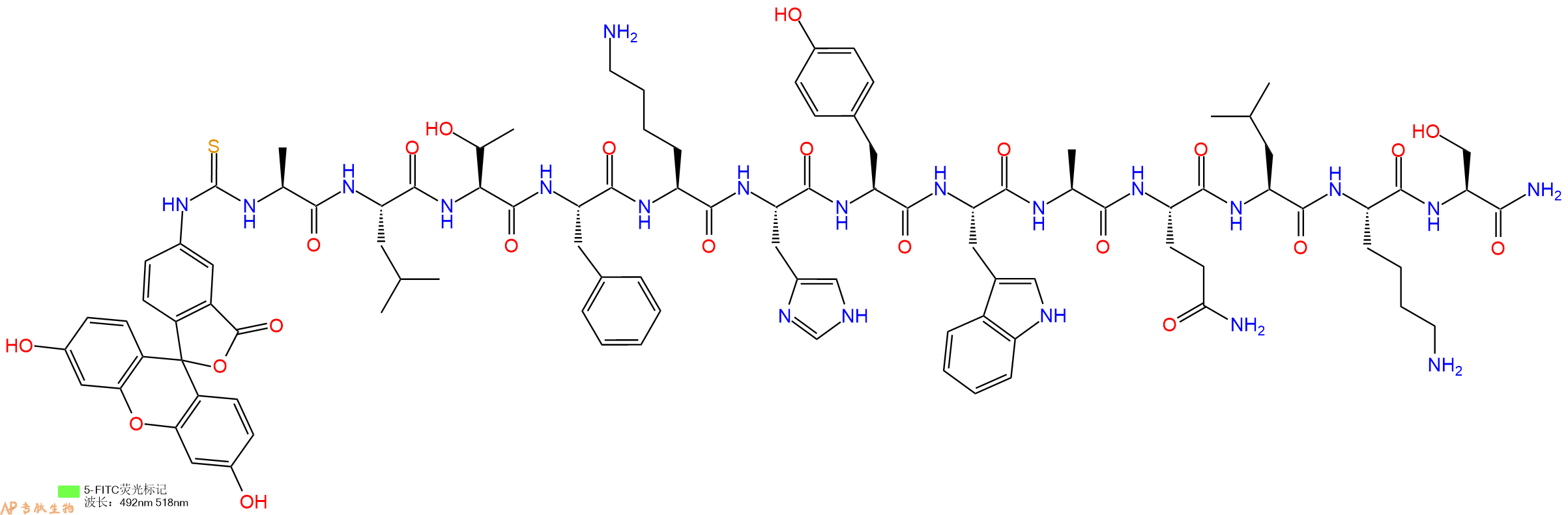专肽生物产品5FITC-Ala-Leu-Thr-Phe-Lys-His-Tyr-Trp-Ala-Gln-Leu-Lys-Ser-CONH2