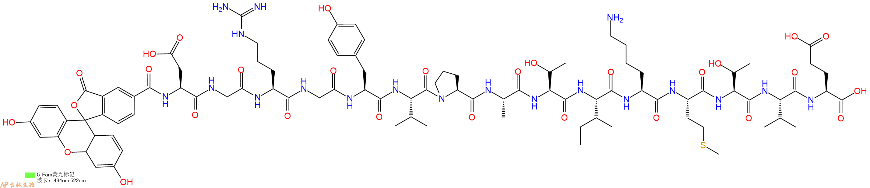 专肽生物产品5FAM-Asp-Gly-Arg-Gly-Tyr-Val-Pro-Ala-Thr-Ile-Lys-Met-Thr-Val-Glu-OH