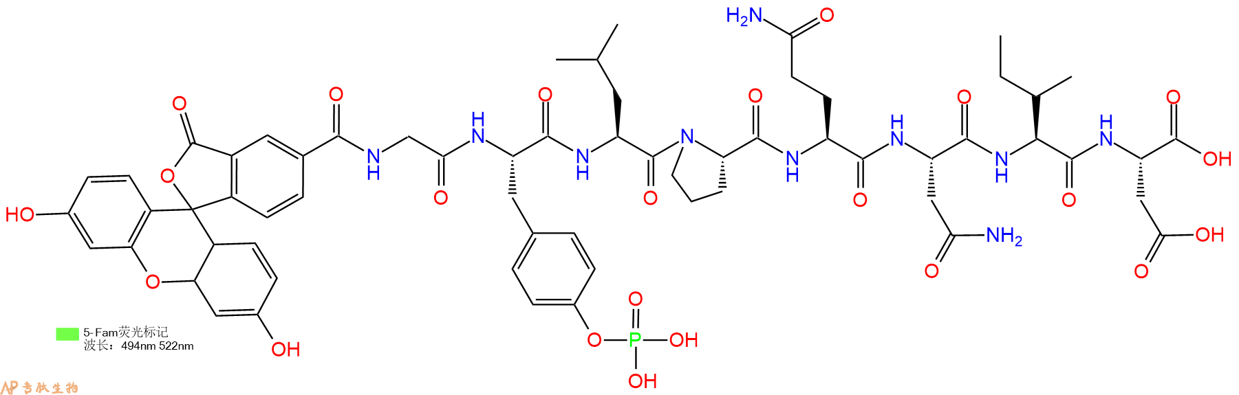 专肽生物产品5FAM-Gly-Tyr(PO3H2)-Leu-Pro-Gln-Asn-Ile-Asp-OH
