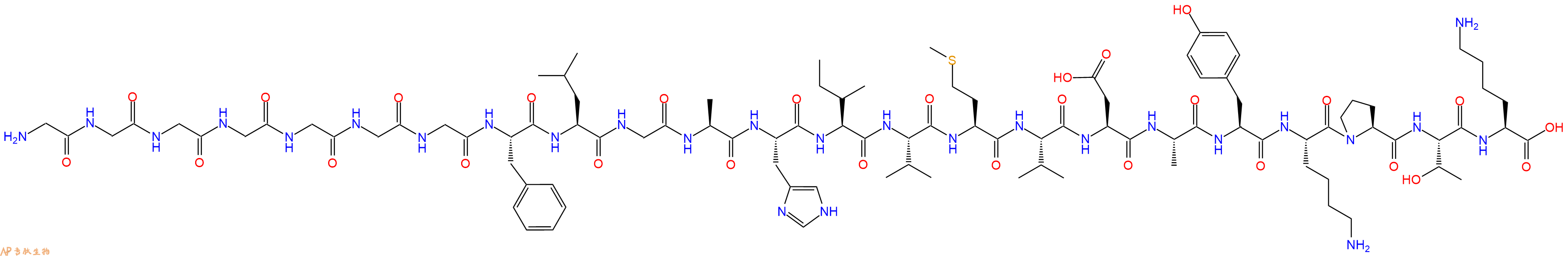 专肽生物产品H2N-Gly-Gly-Gly-Gly-Gly-Gly-Gly-Phe-Leu-Gly-Ala-His-Ile-Val-Met-Val-Asp-Ala-Tyr-Lys-Pro-Thr-Lys-OH
