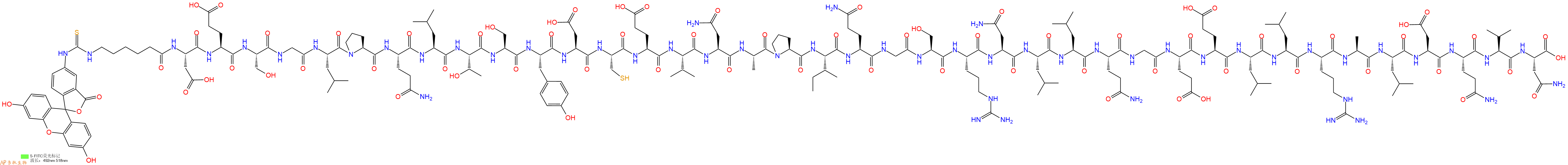 专肽生物产品5FITC-Ahx-Asp-Glu-Ser-Gly-Leu-Pro-Gln-Leu-Thr-Ser-Tyr-Asp-Cys-Glu-Val-Asn-Ala-Pro-Ile-Gln-Gly-Ser-Arg-Asn-Leu-Leu-Gln-Gly-Glu-Glu-Leu-Leu-Arg-Ala-Leu-Asp-Gln-Val-Asn-OH