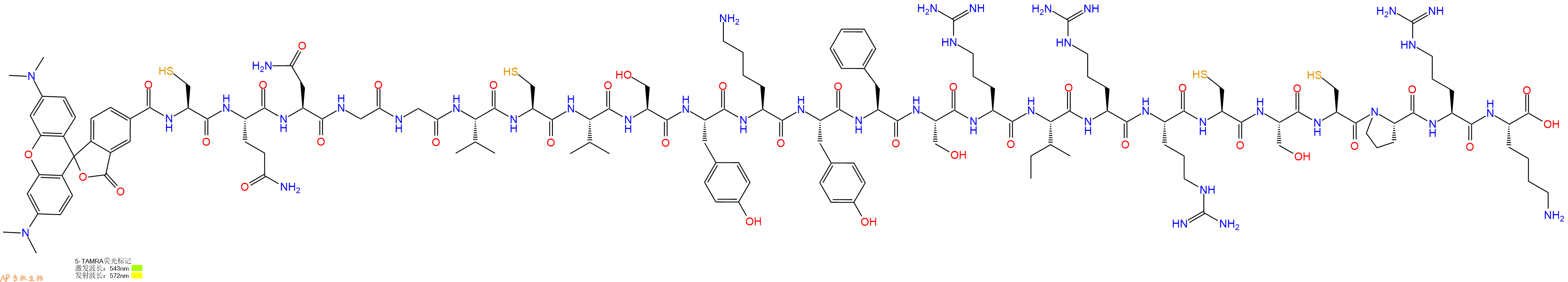 专肽生物产品5TAMRA-Cys-Gln-Asn-Gly-Gly-Val-Cys-Val-Ser-Tyr-Lys-Tyr-Phe-Ser-Arg-Ile-Arg-Arg-Cys-Ser-Cys-Pro-Arg-Lys-OH