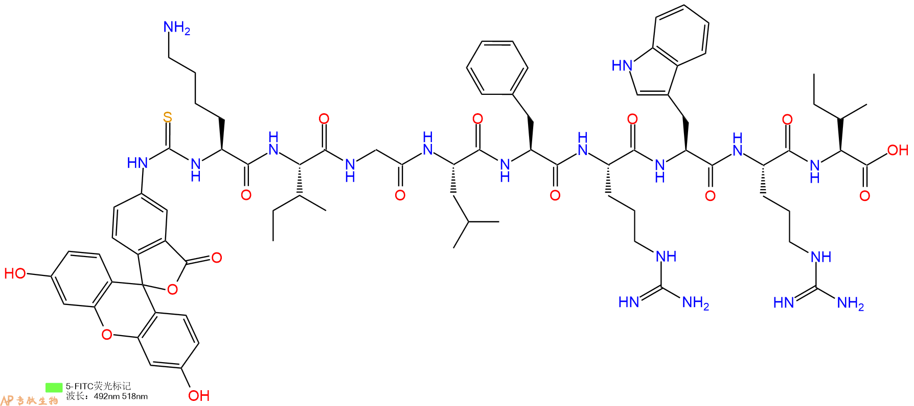 专肽生物产品5FITC-Lys-Ile-Gly-Leu-Phe-Arg-Trp-Arg-Ile-OH