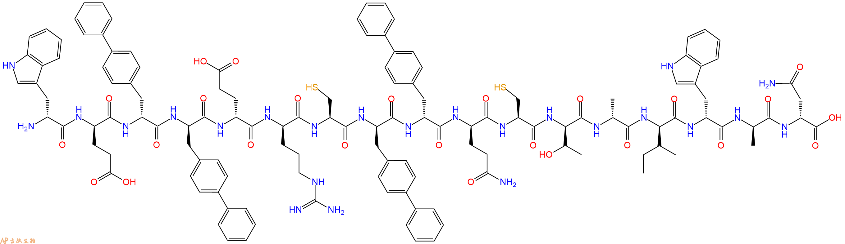 专肽生物产品H2N-DTrp-DGlu-DBip-DBip-DGlu-DArg-Cys-DBip-DBip-DGln-Cys-DThr-DAla-DIle-DTrp-DAla-DAsn-OH