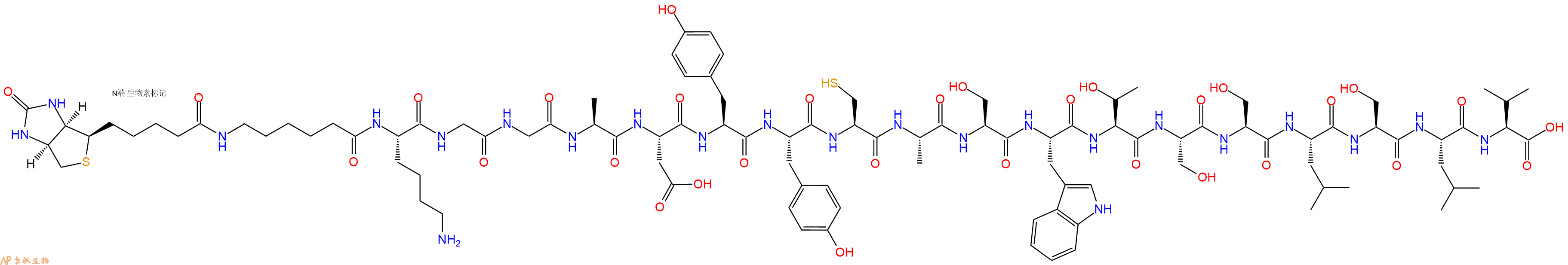 专肽生物产品Biotinyl-Ahx-Lys-Gly-Gly-Ala-Asp-Tyr-Tyr-Cys-Ala-Ser-Trp-Thr-Ser-Ser-Leu-Ser-Leu-Val-OH