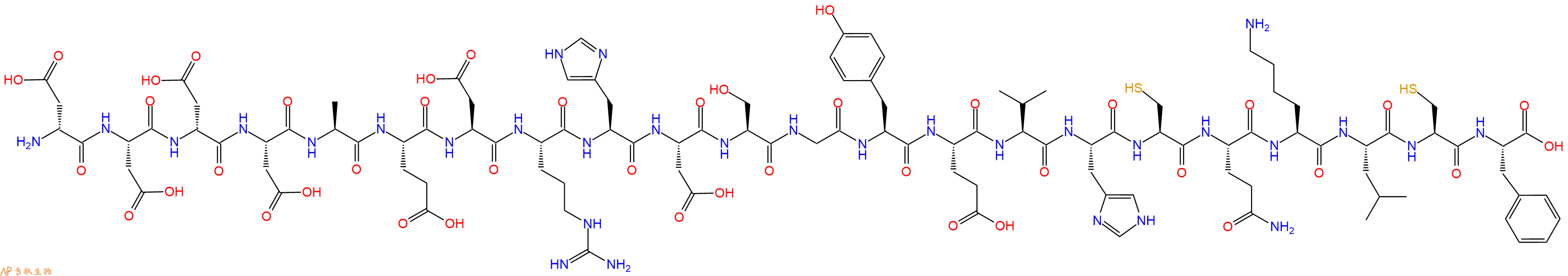 专肽生物产品H2N-DAsp-Asp-DAsp-Asp-Ala-Glu-Asp-Arg-His-Asp-Ser-Gly-Tyr-Glu-Val-His-Cys-Gln-Lys-Leu-Cys-Phe-OH