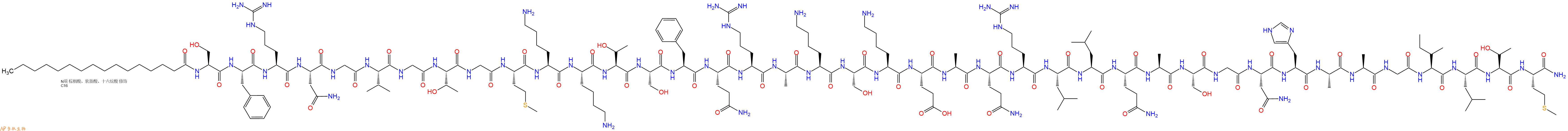 专肽生物产品Palmiticacid-Ser-Phe-Arg-Asn-Gly-Val-Gly-Thr-Gly-Met-Lys-Lys-Thr-Ser-Phe-Gln-Arg-Ala-Lys-Ser-Lys-Glu-Ala-Gln-Arg-Leu-Leu-Gln-Ala-Ser-Gly-Asn-His-Ala-Ala-Gly-Ile-Leu-Thr-Met-CONH2