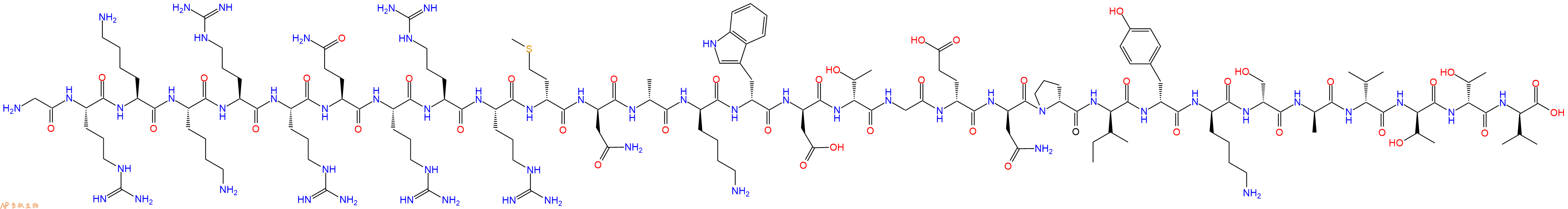 专肽生物产品H2N-Gly-Arg-Lys-Lys-Arg-Arg-Gln-Arg-Arg-Arg-DMet-DAsn-DAla-DLys-DTrp-DAsp-DThr-Gly-DGlu-DAsn-DPro-DIle-DTyr-DLys-DSer-DAla-DVal-DThr-DThr-DVal-OH