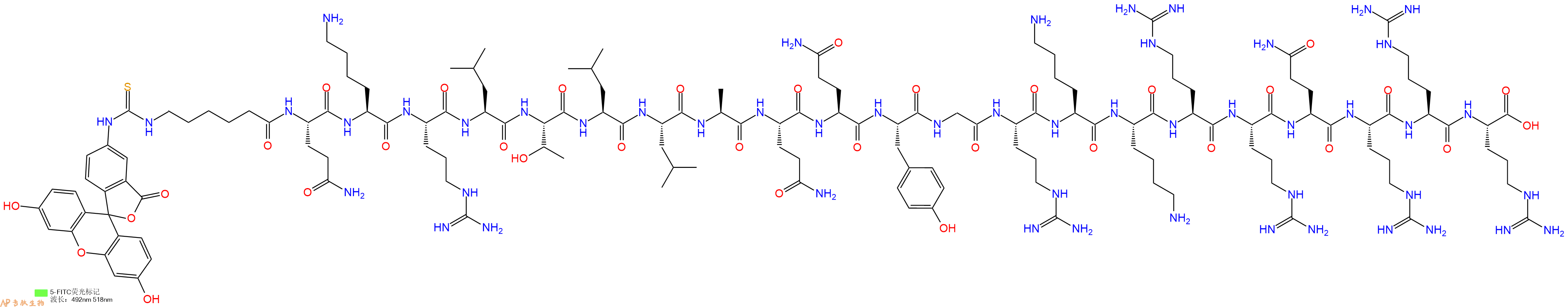 专肽生物产品5FITC-Ahx-Gln-Lys-Arg-Leu-Thr-Leu-Leu-Ala-Gln-Gln-Tyr-Gly-Arg-Lys-Lys-Arg-Arg-Gln-Arg-Arg-Arg-OH