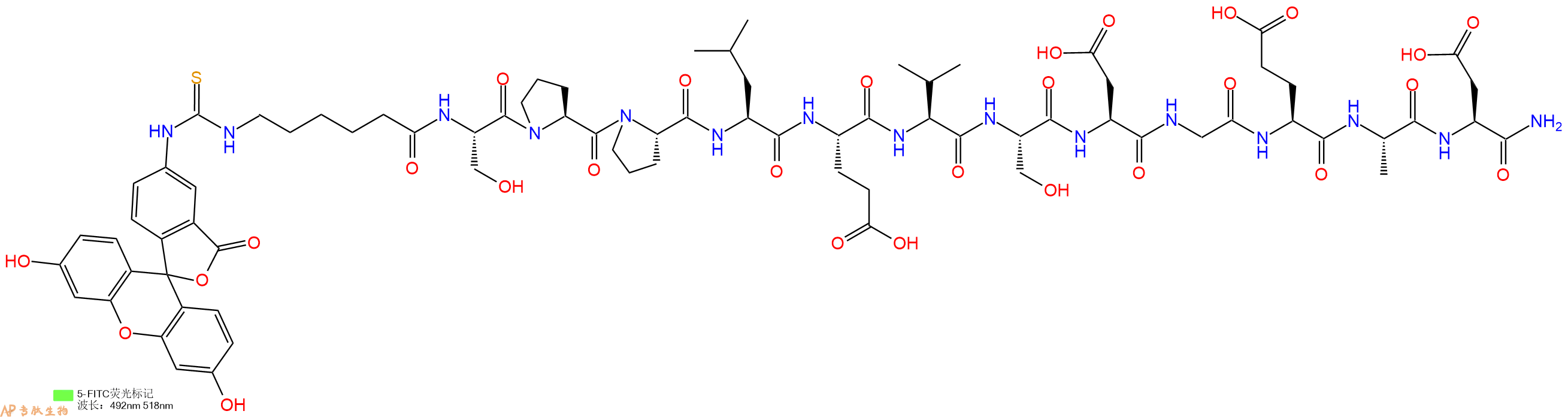 专肽生物产品5FITC-Ahx-Ser-Pro-Pro-Leu-Glu-Val-Ser-Asp-Gly-Glu-Ala-Asp-CONH2