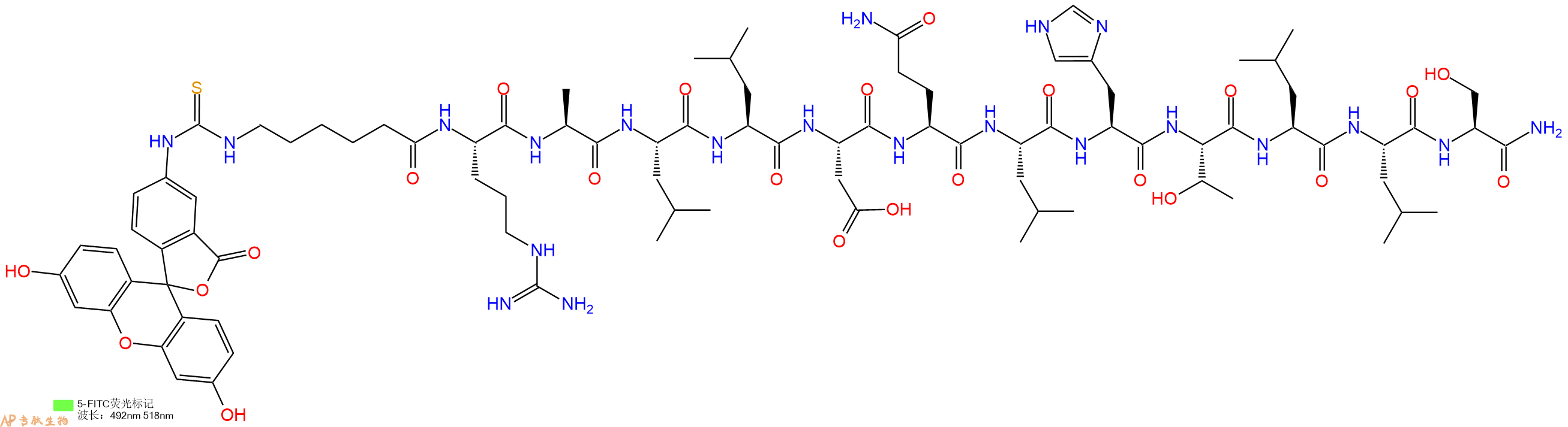 专肽生物产品5FITC-Ahx-Arg-Ala-Leu-Leu-Asp-Gln-Leu-His-Thr-Leu-Leu-Ser-CONH2