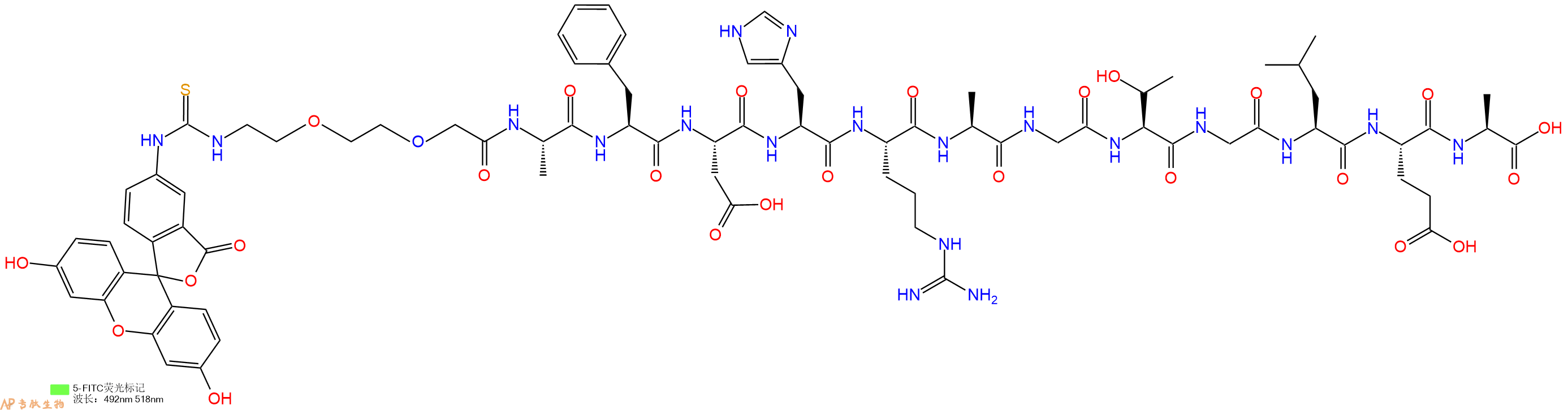 专肽生物产品5FITC-PEG2-Ala-Phe-Asp-His-Arg-Ala-Gly-Thr-Gly-Leu-Glu-Ala
