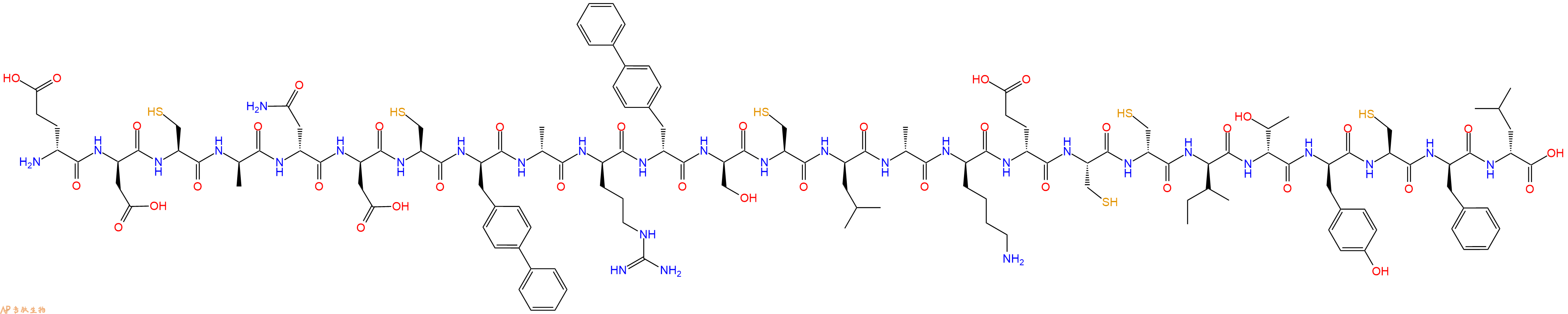 专肽生物产品H2N-DGlu-DAsp-Cys-DAla-DAsn-DAsp-Cys-DBip-DAla-DArg-DBip-DSer-Cys-DLeu-DAla-DLys-DGlu-Cys-DCys-DIle-DThr-DTyr-Cys-DPhe-DLeu-OH