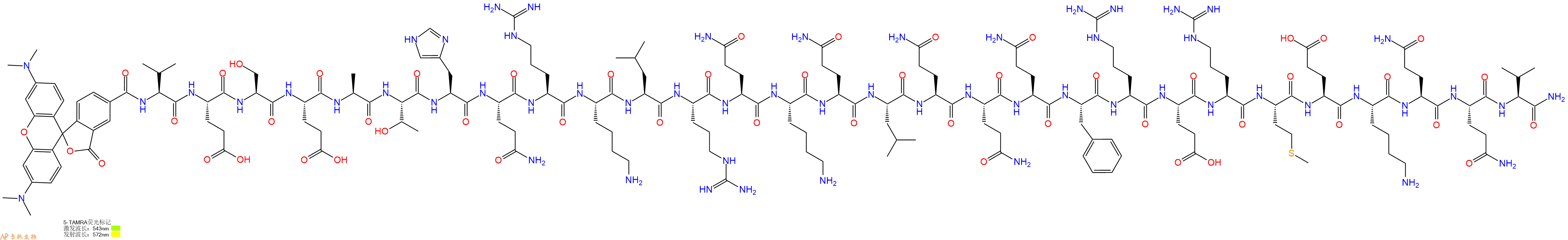 专肽生物产品5TAMRA-Val-Glu-Ser-Glu-Ala-Thr-His-Gln-Arg-Lys-Leu-Arg-Gln-Lys-Gln-Leu-Gln-Gln-Gln-Phe-Arg-Glu-Arg-Met-Glu-Lys-Gln-Gln-Val-CONH2