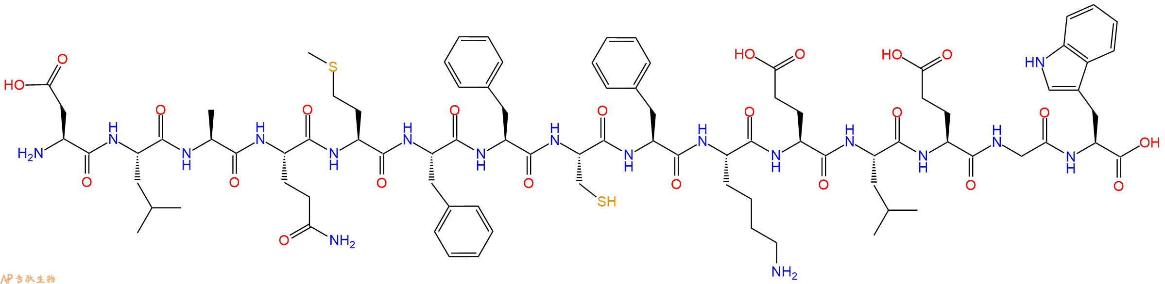 专肽生物产品H2N-Asp-Leu-Ala-Gln-Met-Phe-Phe-Cys-Phe-Lys-Glu-Leu-Glu-Gly-Trp-OH