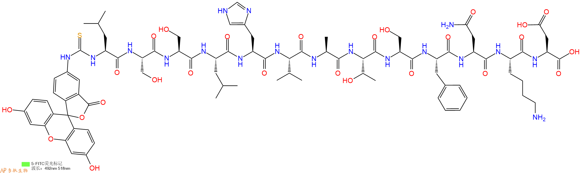 专肽生物产品5FITC-Leu-Ser-Ser-Leu-His-Val-Ala-Thr-Ser-Phe-Asn-Lys-Asp-OH