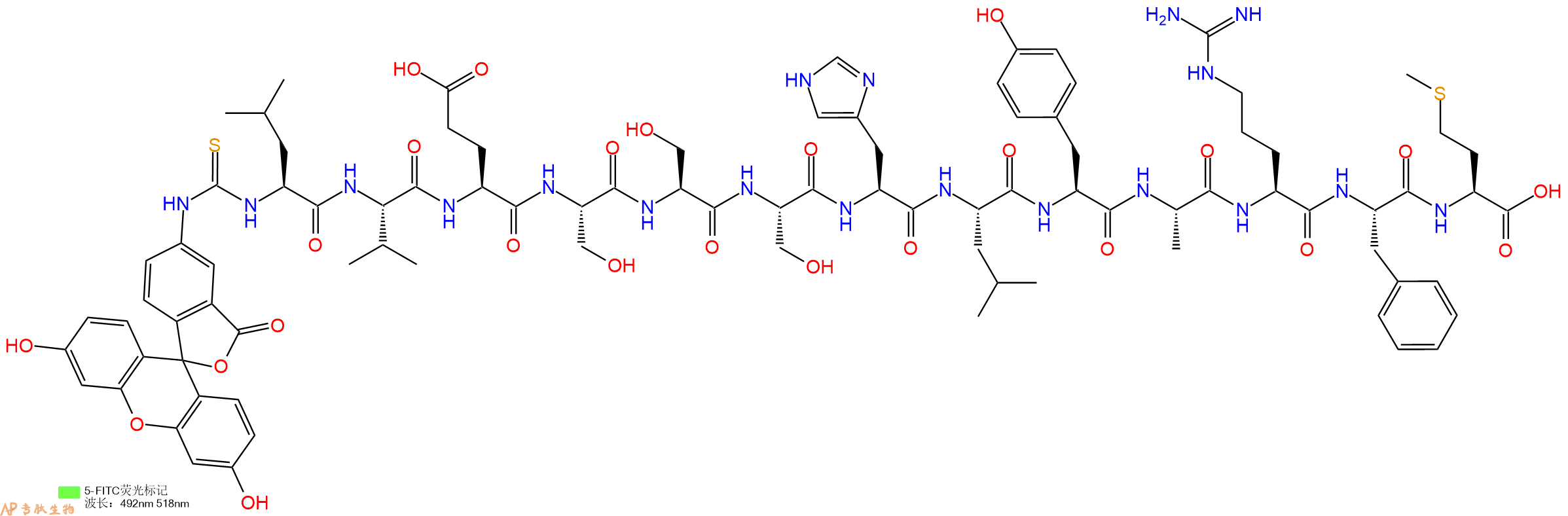 专肽生物产品5FITC-Leu-Val-Glu-Ser-Ser-Ser-His-Leu-Tyr-Ala-Arg-Phe-Met-OH