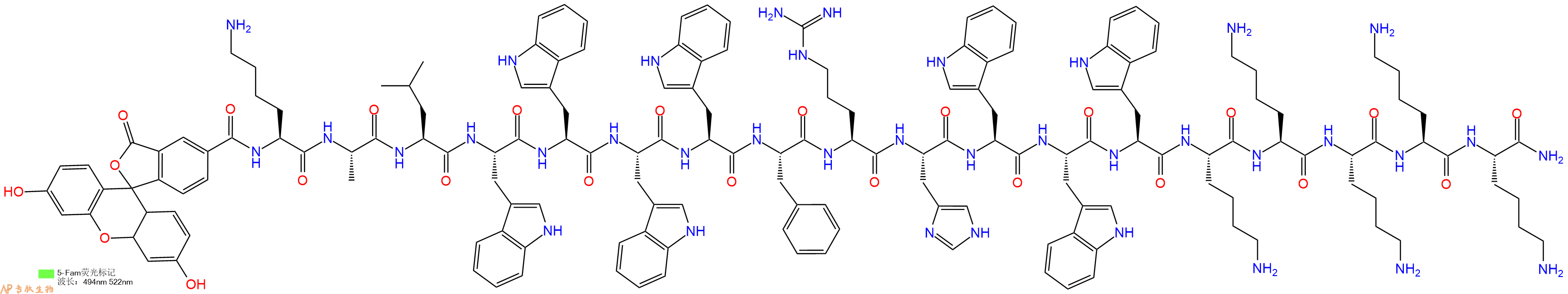 专肽生物产品5FAM-Lys-Ala-Leu-Trp-Trp-Trp-Trp-Phe-Arg-His-Trp-Trp-Trp-Lys-Lys-Lys-Lys-Lys-CONH2
