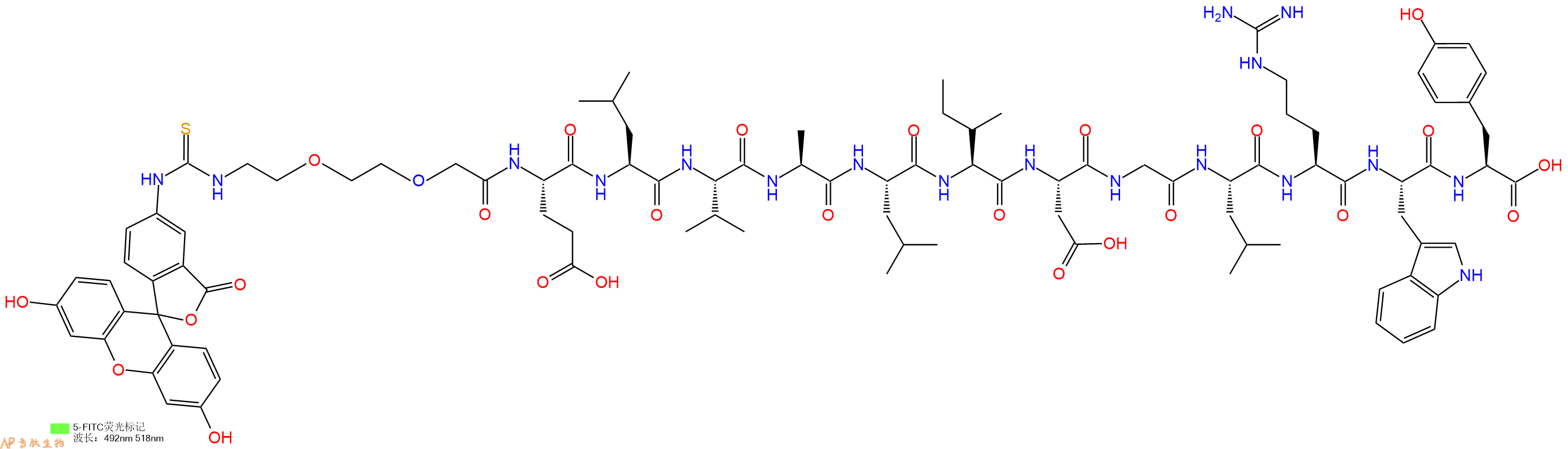 专肽生物产品5FITC-PEG2-Glu-Leu-Val-Ala-Leu-Ile-Asp-Gly-Leu-Arg-Trp-Tyr