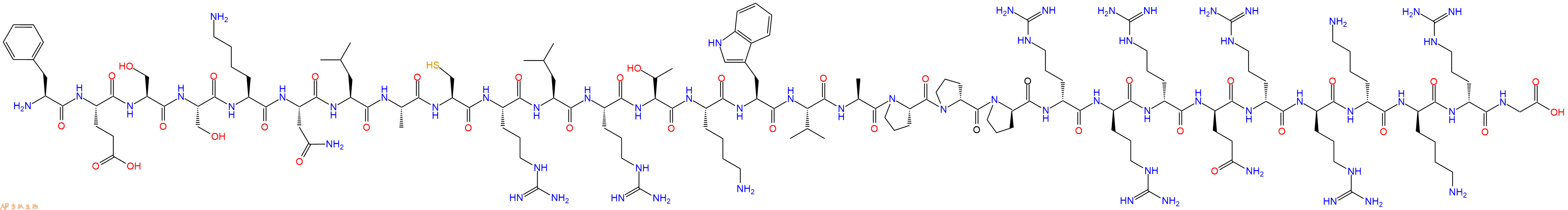 专肽生物产品H2N-Phe-Glu-Ser-Ser-Lys-Asn-Leu-Ala-Cys-Arg-Leu-Arg-Thr-Lys-Trp-Val-Ala-Pro-DPro-DPro-DArg-DArg-DArg-DGln-DArg-DArg-DLys-DLys-DArg-Gly-OH