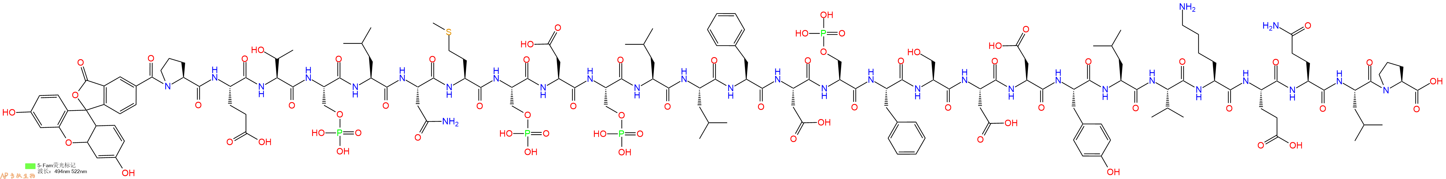专肽生物产品5FAM-Pro-Glu-Thr-Ser(PO3H2)-Leu-Asn-Met-Ser(PO3H2)-Asp-Ser(PO3H2)-Leu-Leu-Phe-Asp-Ser(PO3H2)-Phe-Ser-Asp-Asp-Tyr-Leu-Val-Lys-Glu-Gln-Leu-Pro-OH