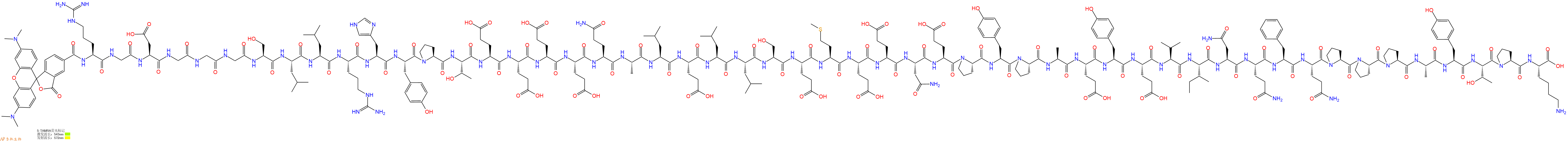 专肽生物产品5TAMRA-Arg-Gly-Asp-Gly-Gly-Gly-Ser-Leu-Leu-Arg-His-Tyr-Pro-Thr-Glu-Glu-Glu-Glu-Gln-Ala-Leu-Glu-Leu-Leu-Ser-Glu-Met-Glu-Glu-Asn-Glu-Pro-Tyr-Pro-Ala-Glu-Tyr-Glu-Val-Ile-Asn-Gln-Phe-Gln-Pro-Pro-Pro-Ala-Tyr-Thr-Pro-Lys-OH
