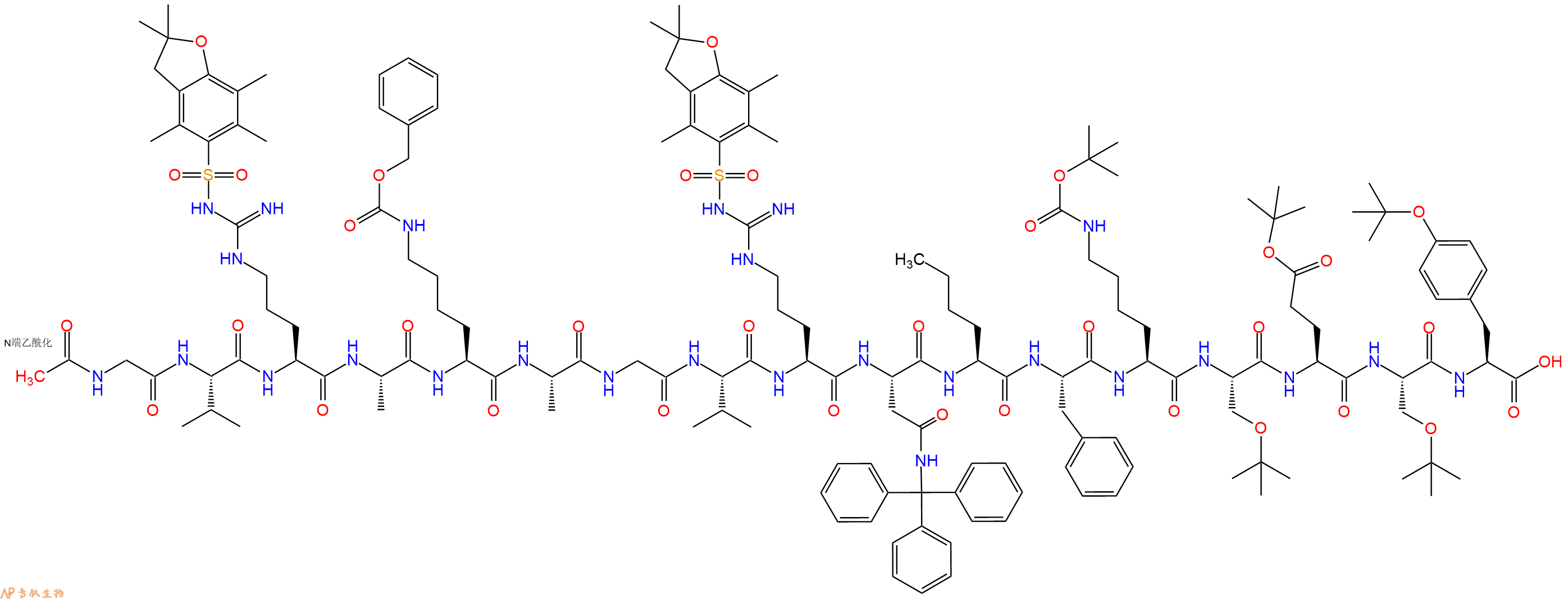 专肽生物产品Ac-Gly-Val-Arg(Pbf)-Ala-Lys(Cbz)-Ala-Gly-Val-Arg(Pbf)-Asn(Trt)-Nle-Phe-Lys(Boc)-Ser(tBu)-Glu(OtBu)-Ser(tBu)-Tyr(tBu)-OH