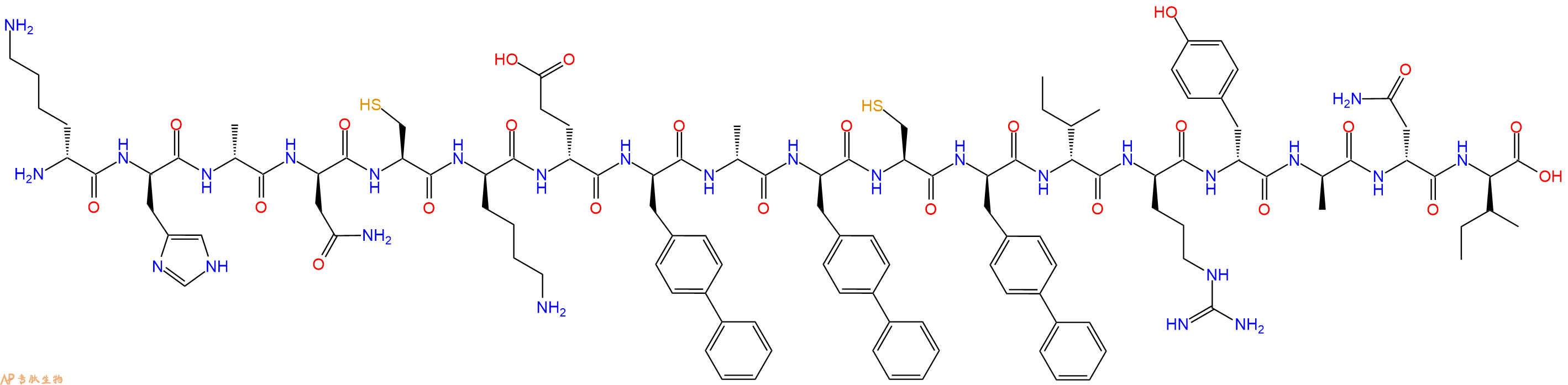 专肽生物产品H2N-DLys-DHis-DAla-DAsn-Cys-DLys-DGlu-DBip-DAla-DBip-Cys-DBip-DIle-DArg-DTyr-DAla-DAsn-DIle-OH