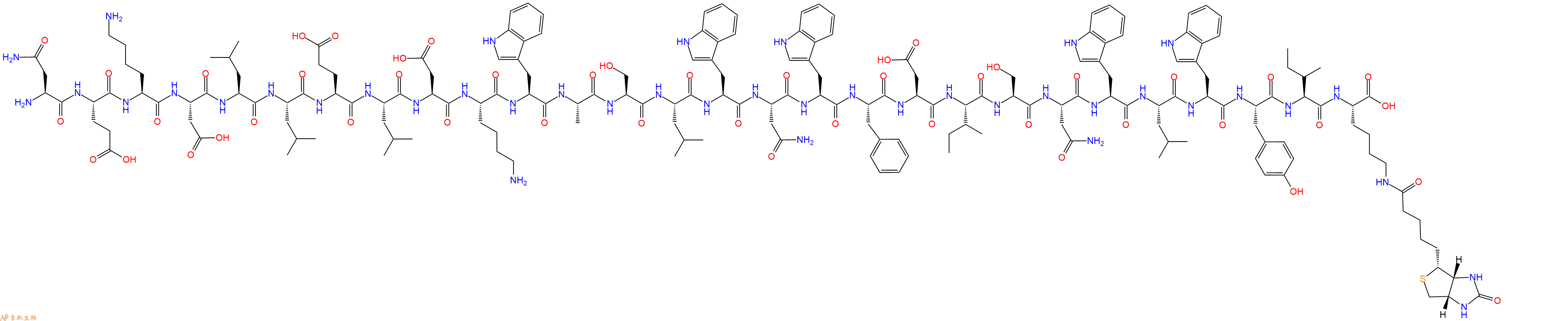 专肽生物产品H2N-Asn-Glu-Lys-Asp-Leu-Leu-Glu-Leu-Asp-Lys-Trp-Ala-Ser-Leu-Trp-Asn-Trp-Phe-Asp-Ile-Ser-Asn-Trp-Leu-Trp-Tyr-Ile-Lys(Biotin)-OH