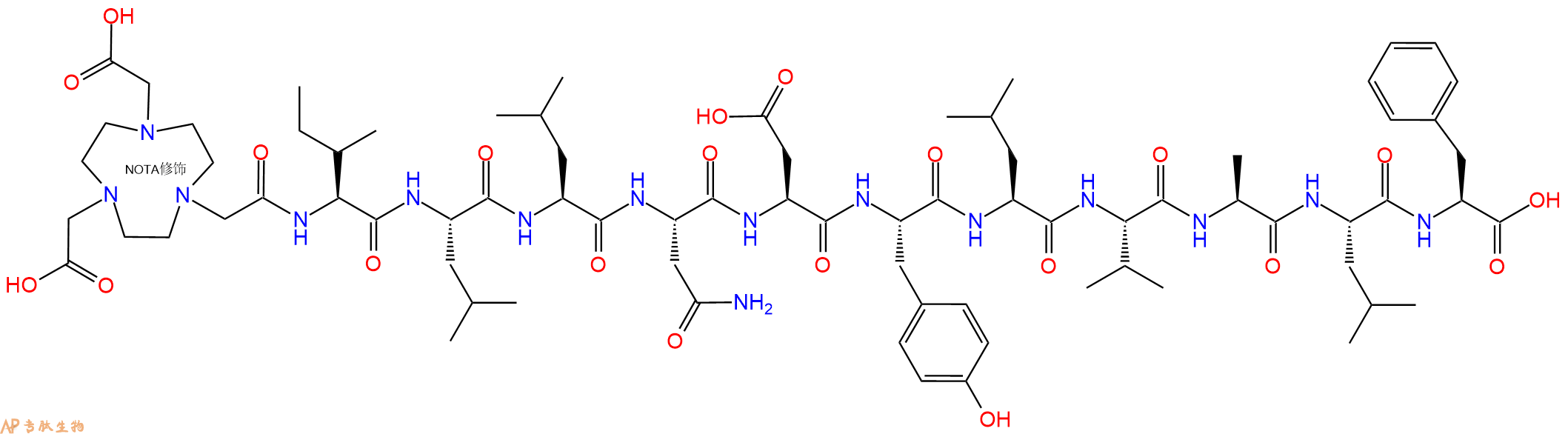 专肽生物产品NOTA-Ile-Leu-Leu-Asn-Asp-Tyr-Leu-Val-Ala-Leu-Phe-OH
