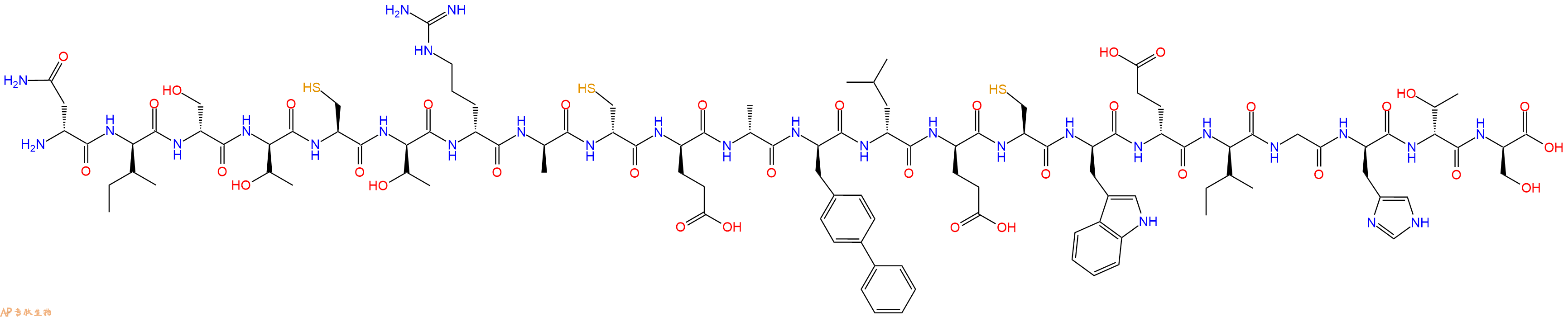 专肽生物产品H2N-DAsn-DIle-DSer-DThr-Cys-DThr-DArg-DAla-DCys-DGlu-DAla-DBip-DLeu-DGlu-Cys-DTrp-DGlu-DIle-Gly-DHis-DThr-DSer-OH