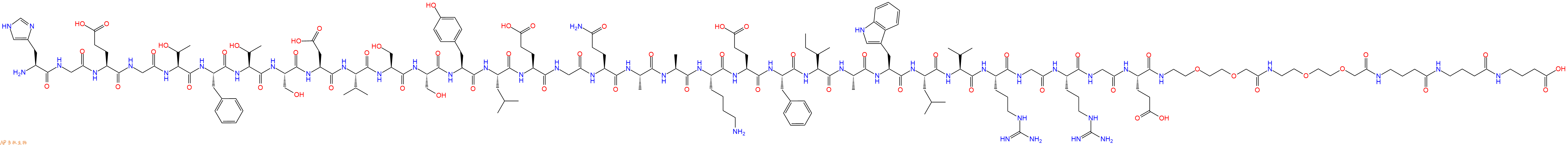 专肽生物产品H2N-His-Gly-Glu-Gly-Thr-Phe-Thr-Ser-Asp-Val-Ser-Ser-Tyr-Leu-Glu-Gly-Gln-Ala-Ala-Lys-Glu-Phe-Ile-Ala-Trp-Leu-Val-Arg-Gly-Arg-Gly-Glu-AEEA-AEEA-GABA-GABA-GABA-OH