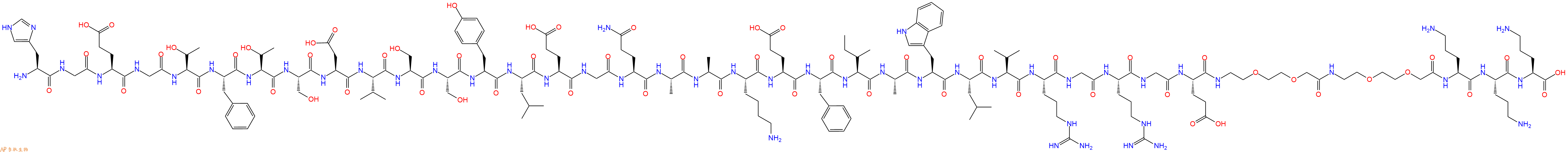 专肽生物产品H2N-His-Gly-Glu-Gly-Thr-Phe-Thr-Ser-Asp-Val-Ser-Ser-Tyr-Leu-Glu-Gly-Gln-Ala-Ala-Lys-Glu-Phe-Ile-Ala-Trp-Leu-Val-Arg-Gly-Arg-Gly-Glu-AEEA-AEEA-Orn-Orn-Orn-OH