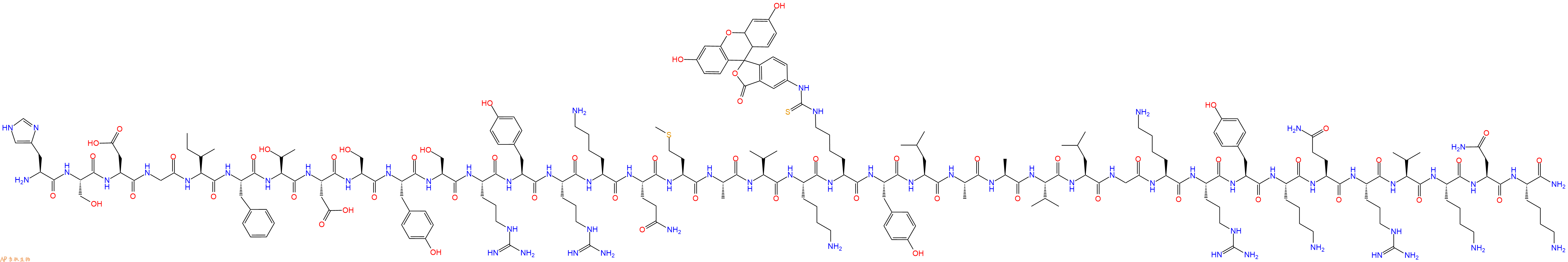 专肽生物产品H2N-His-Ser-Asp-Gly-Ile-Phe-Thr-Asp-Ser-Tyr-Ser-Arg-Tyr-Arg-Lys-Gln-Met-Ala-Val-Lys-Lys(FITC)-Tyr-Leu-Ala-Ala-Val-Leu-Gly-Lys-Arg-Tyr-Lys-Gln-Arg-Val-Lys-Asn-Lys-CONH2