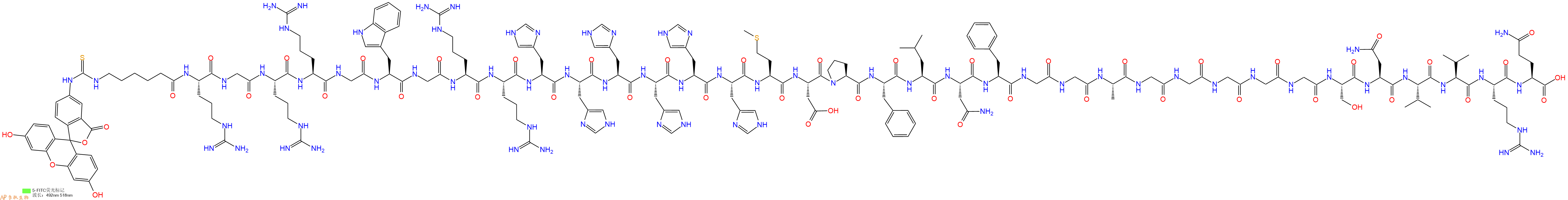 专肽生物产品5FITC-Ahx-Arg-Gly-Arg-Arg-Gly-Trp-Gly-Arg-Arg-His-His-His-His-His-His-Met-Asp-Pro-Phe-Leu-Asn-Phe-Gly-Gly-Ala-Gly-Gly-Gly-Gly-Gly-Ser-Asn-Val-Val-Arg-Gln-OH
