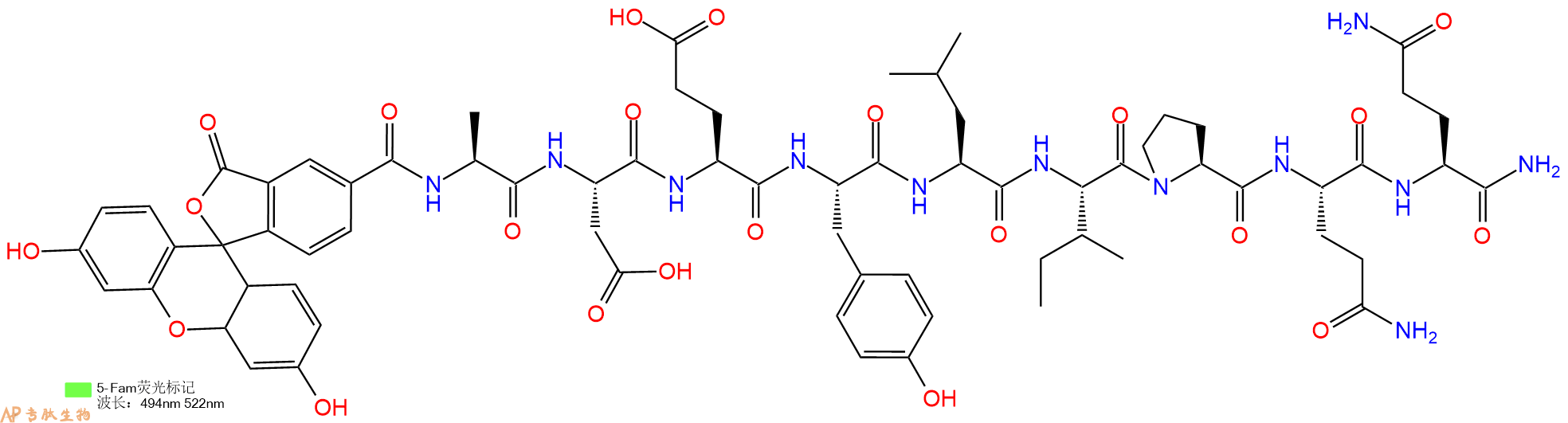 专肽生物产品5FAM-Ala-Asp-Glu-Tyr-Leu-Ile-Pro-Gln-Gln-CONH2