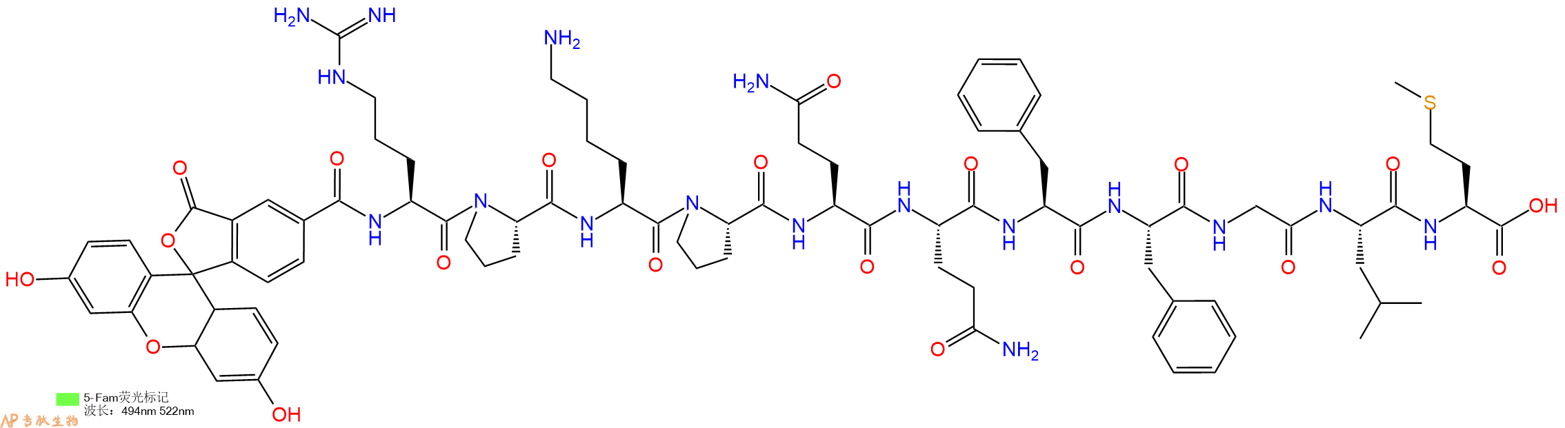专肽生物产品5FAM-Arg-Pro-Lys-Pro-Gln-Gln-Phe-Phe-Gly-Leu-Met-OH