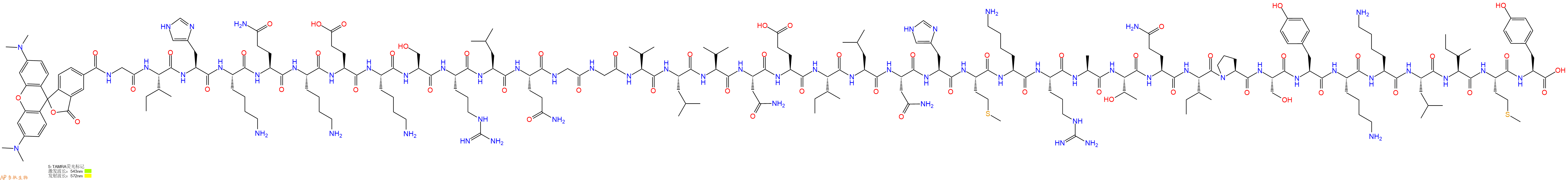 专肽生物产品5TAMRA-Gly-Ile-His-Lys-Gln-Lys-Glu-Lys-Ser-Arg-Leu-Gln-Gly-Gly-Val-Leu-Val-Asn-Glu-Ile-Leu-Asn-His-Met-Lys-Arg-Ala-Thr-Gln-Ile-Pro-Ser-Tyr-Lys-Lys-Leu-Ile-Met-Tyr-OH