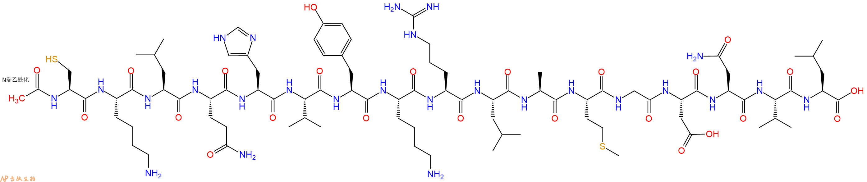 专肽生物产品Ac-Cys-Lys-Leu-Gln-His-Val-Tyr-Lys-Arg-Leu-Ala-Met-Gly-Asp-Asn-Val-Leu-OH
